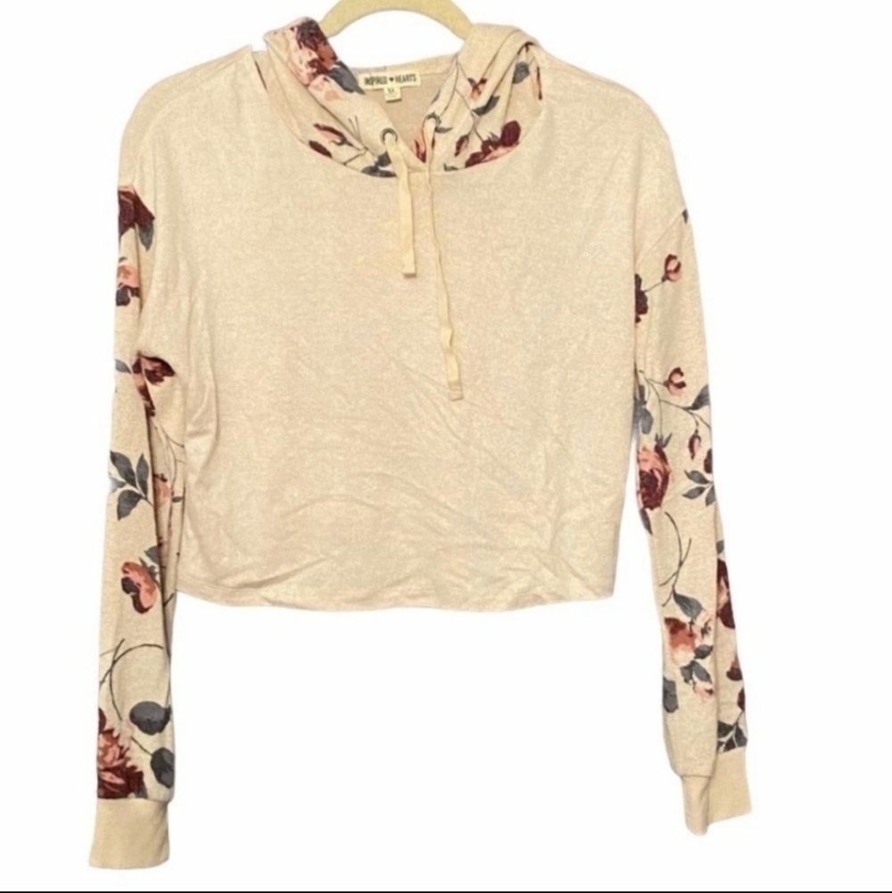 Inspired Hearts Cream Floral Cropped Hoodie Hooded Swearshirt Size XL Comfy EUC